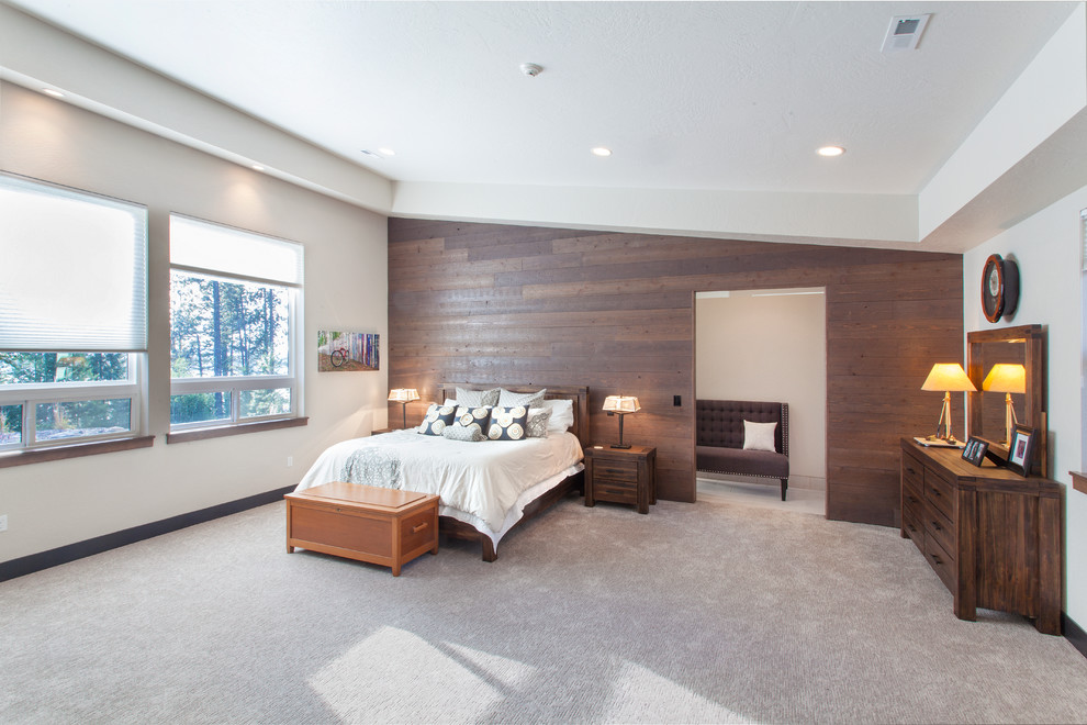 Mid-sized trendy master carpeted bedroom photo in Seattle with white walls, a standard fireplace and a tile fireplace