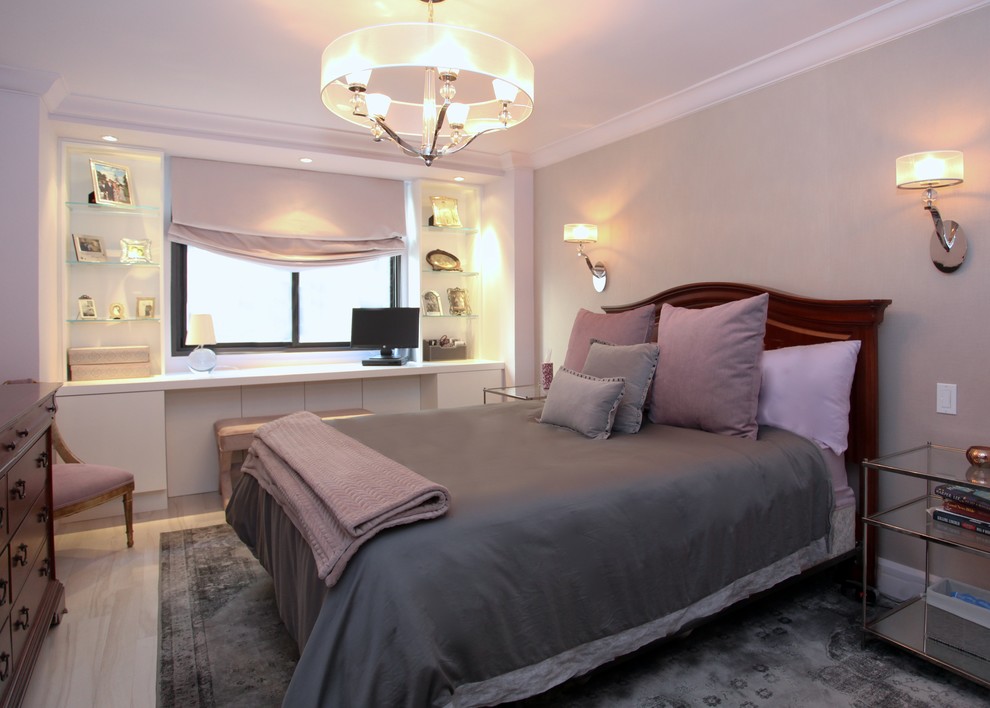 Inspiration for a small classic master bedroom in New York with grey walls, light hardwood flooring and no fireplace.