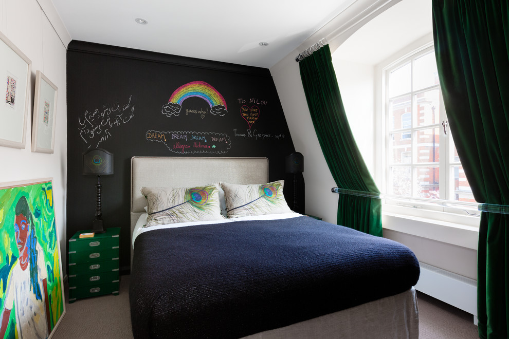 Design ideas for a contemporary guest bedroom in London with black walls and carpet.