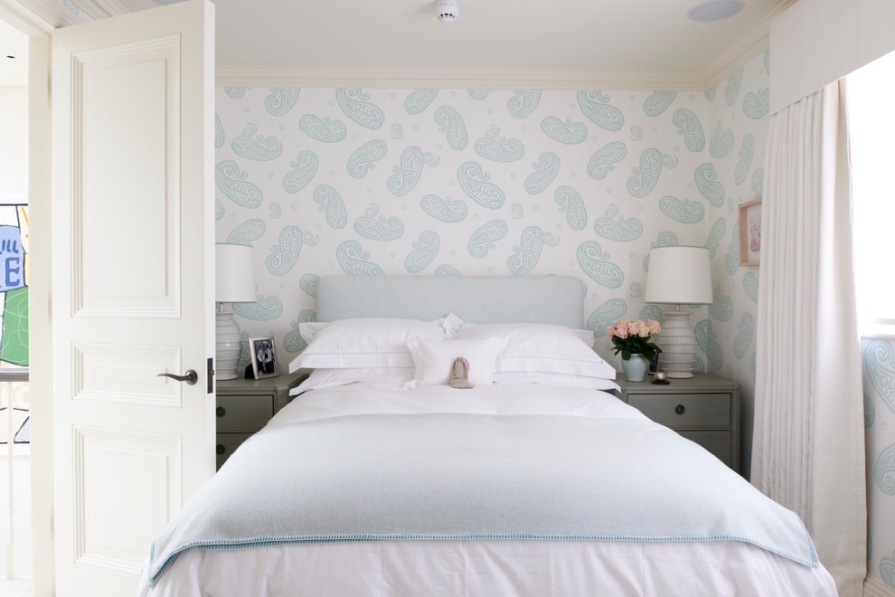 Small transitional bedroom photo in London with multicolored walls