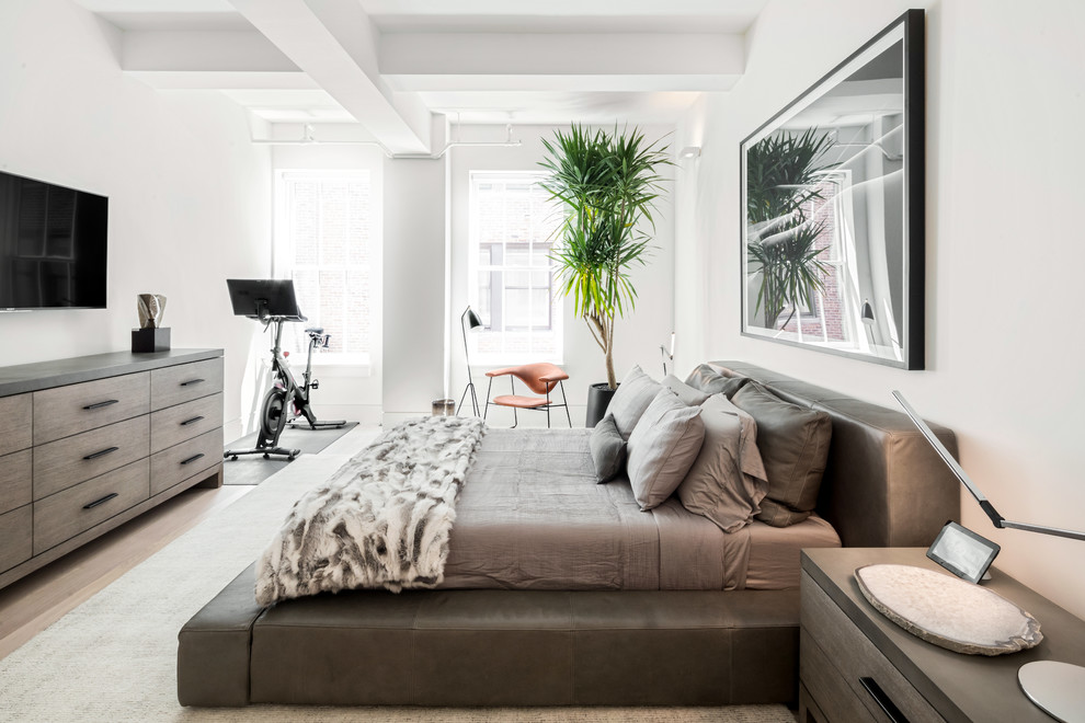 Ejemplo de habitación de invitados contemporánea de tamaño medio sin chimenea con paredes blancas, suelo de madera clara y suelo beige