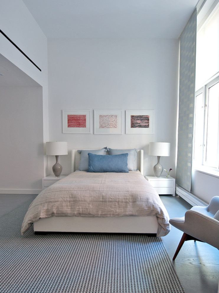 ニューヨークにある中くらいなコンテンポラリースタイルのおしゃれな主寝室 (白い壁、大理石の床) のレイアウト