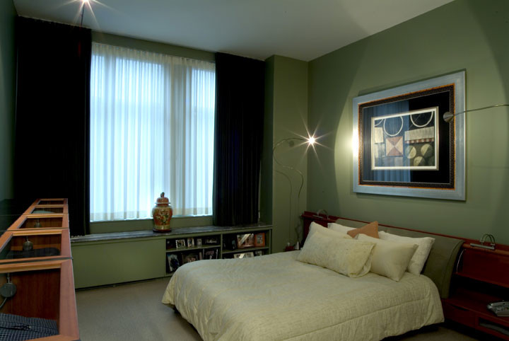 Inspiration for a mid-sized timeless master carpeted bedroom remodel in New York with green walls