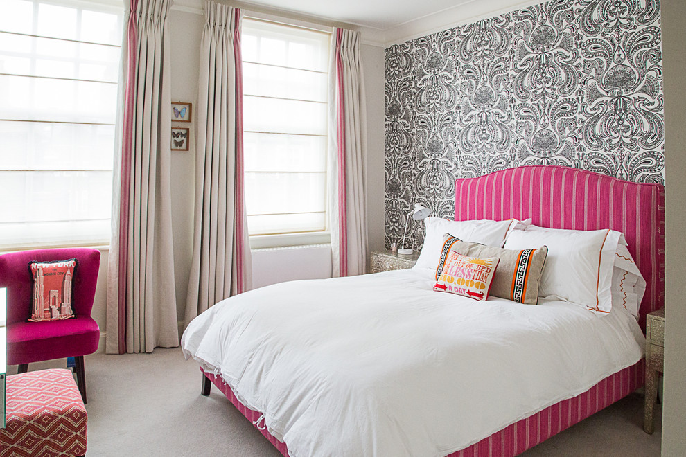 Inspiration for a bohemian grey and pink bedroom in London.