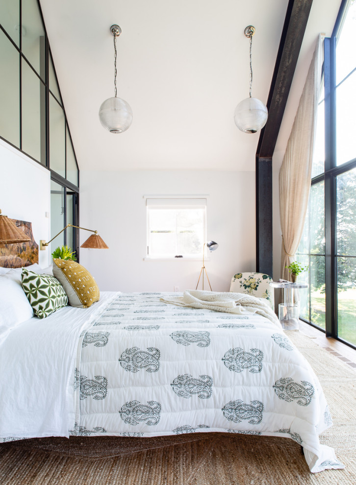 ワシントンD.C.にあるビーチスタイルのおしゃれな寝室 (白い壁、無垢フローリング、茶色い床、三角天井)