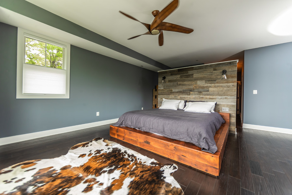 Modelo de dormitorio principal de estilo americano grande sin chimenea con paredes azules, suelo de madera oscura y suelo marrón