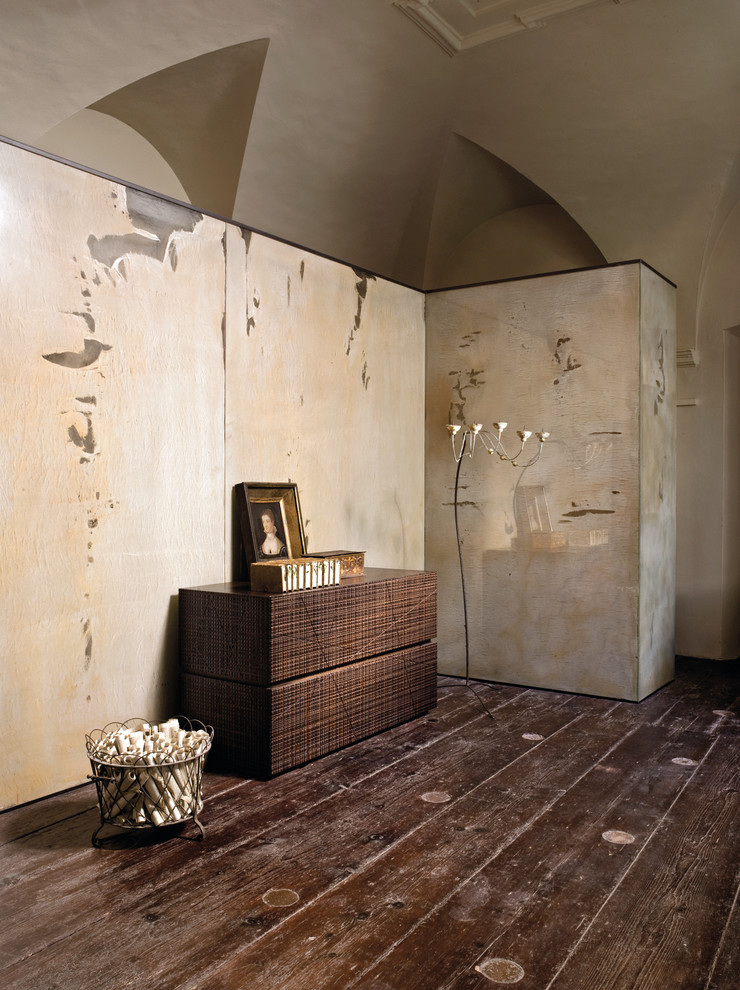 Design ideas for an eclectic bedroom in Philadelphia with beige walls and dark hardwood flooring.