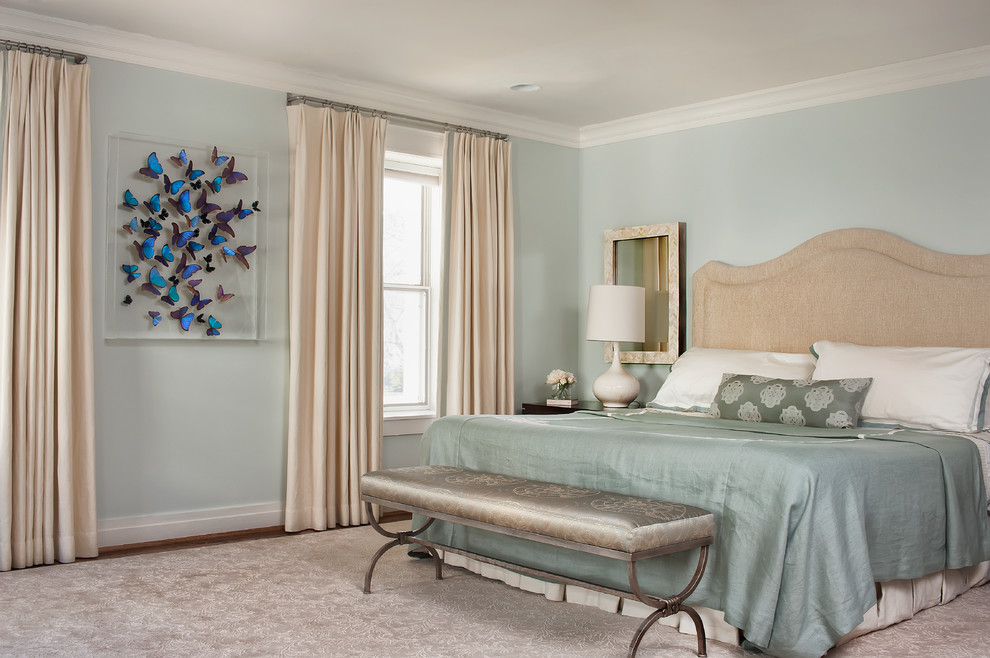 Inspiration för klassiska sovrum, med blå väggar