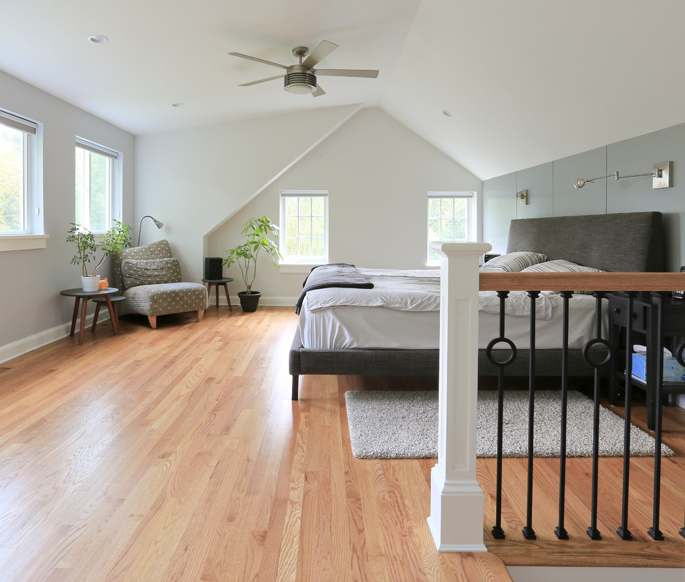 Bedroom - mid-sized contemporary loft-style light wood floor and brown floor bedroom idea in DC Metro with multicolored walls