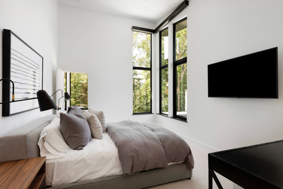 Inspiration pour une chambre avec moquette minimaliste de taille moyenne avec un mur blanc et un sol blanc.