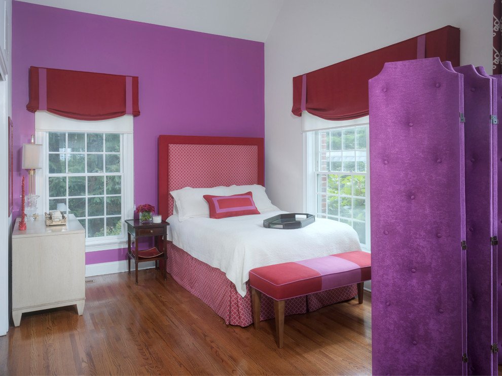 Photo of a medium sized contemporary master bedroom in Philadelphia with purple walls and light hardwood flooring.