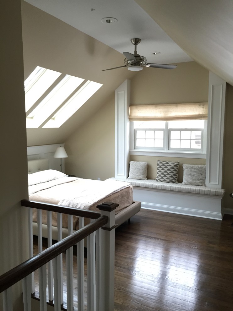 Design ideas for a medium sized traditional master bedroom in New York with dark hardwood flooring.