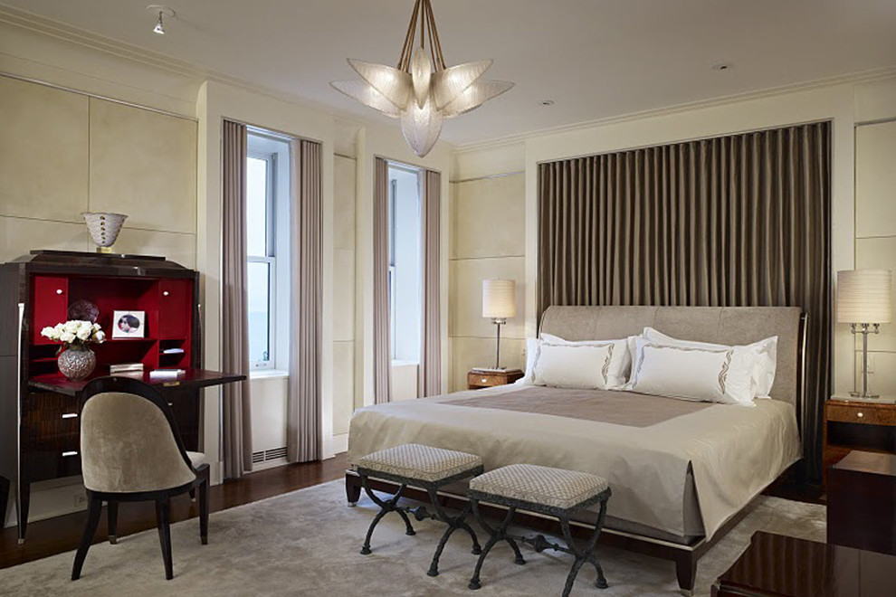 Trendy dark wood floor bedroom photo in Chicago with beige walls and no fireplace
