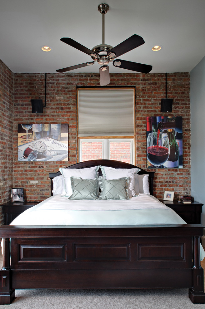 Esempio di una camera da letto minimal di medie dimensioni con pareti grigie e moquette