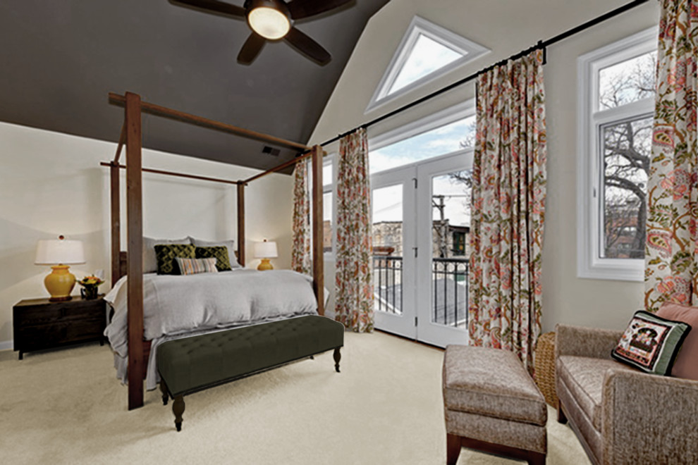 Идея дизайна: большая хозяйская спальня в стиле неоклассика (современная классика) с бежевыми стенами, ковровым покрытием и бежевым полом без камина
