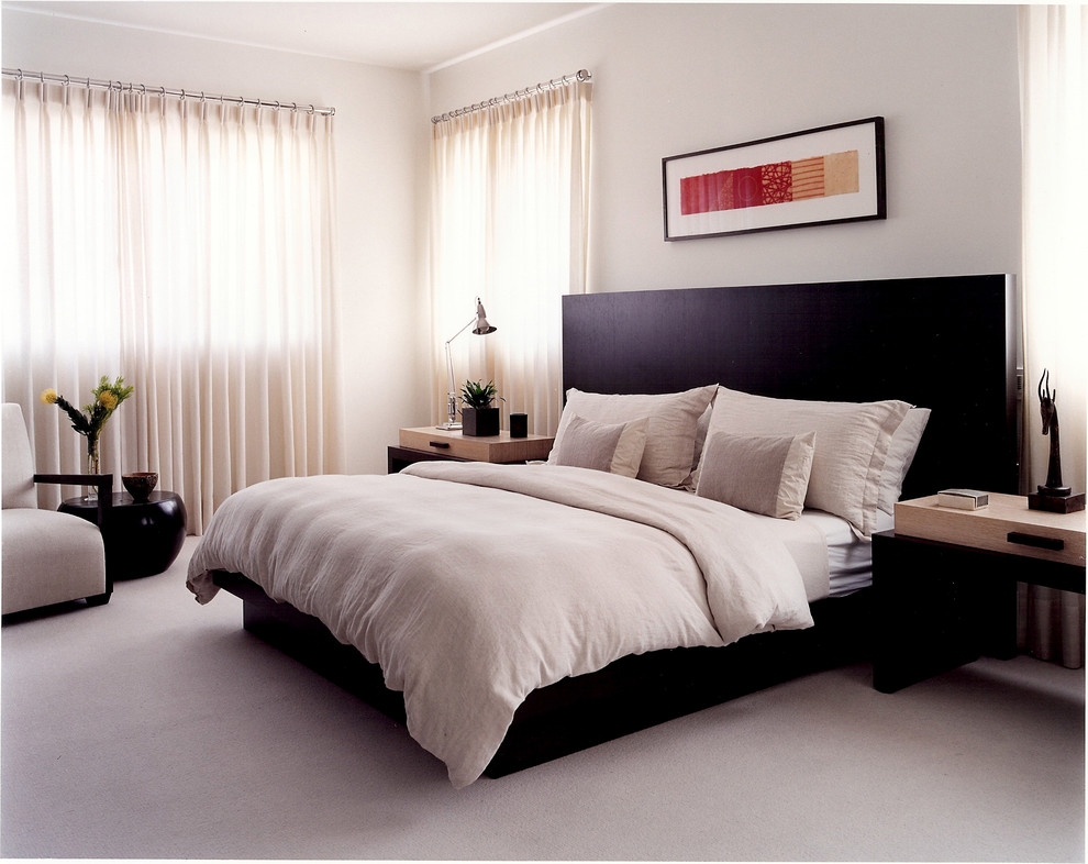 Diseño de dormitorio principal actual extra grande con paredes blancas y moqueta