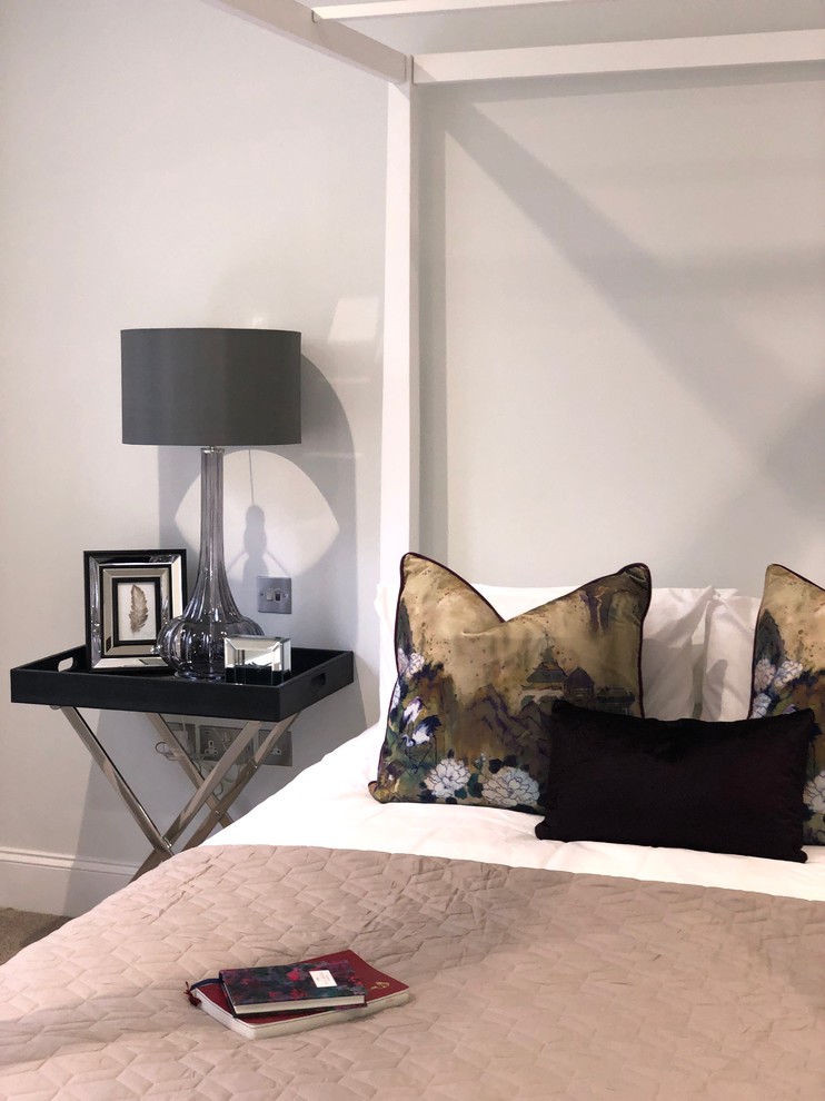 Источник вдохновения для домашнего уюта: гостевая спальня среднего размера, (комната для гостей) в современном стиле с серыми стенами, ковровым покрытием и серым полом