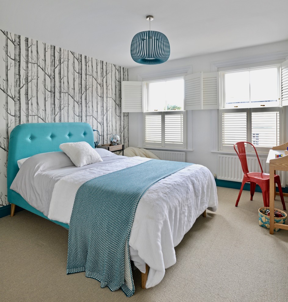 Inspiration for a medium sized contemporary grey and teal bedroom in Other with white walls, carpet and beige floors.