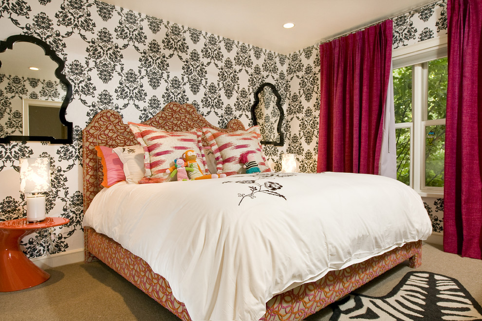 Victorian bedroom in Other with carpet and multi-coloured walls.