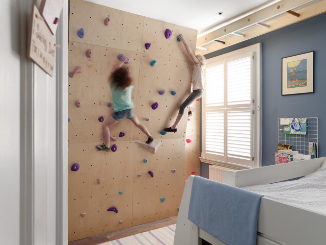 Children's bedroom with climbing wall and monkey bars - Transitional ...