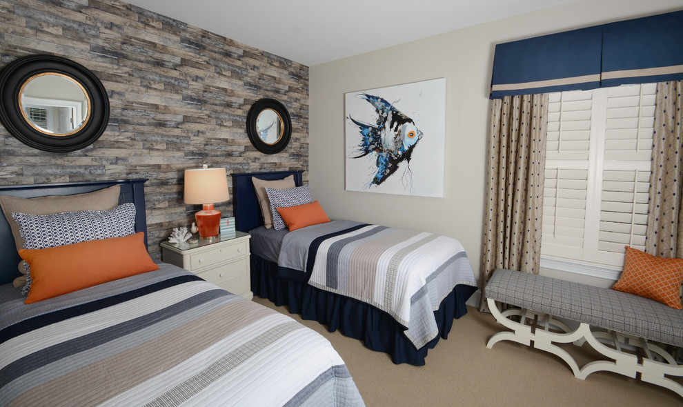 Bedroom - coastal carpeted and beige floor bedroom idea in New Orleans with beige walls