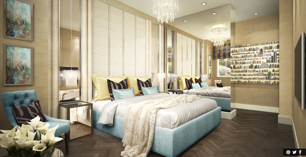 Immagine di una camera degli ospiti minimal di medie dimensioni con pareti beige, parquet scuro e nessun camino