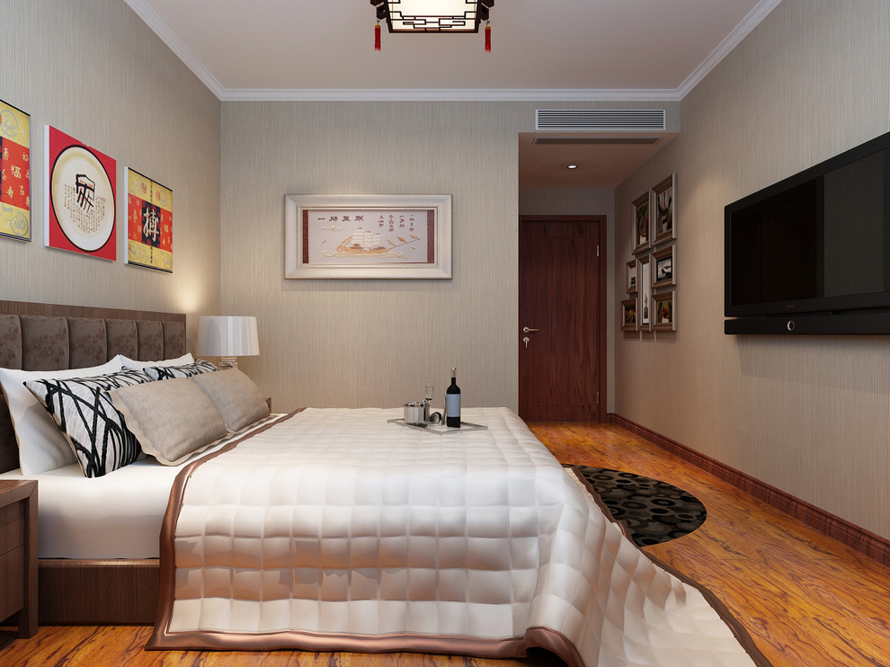 Imagen de habitación de invitados asiática de tamaño medio sin chimenea con paredes grises y suelo de madera en tonos medios