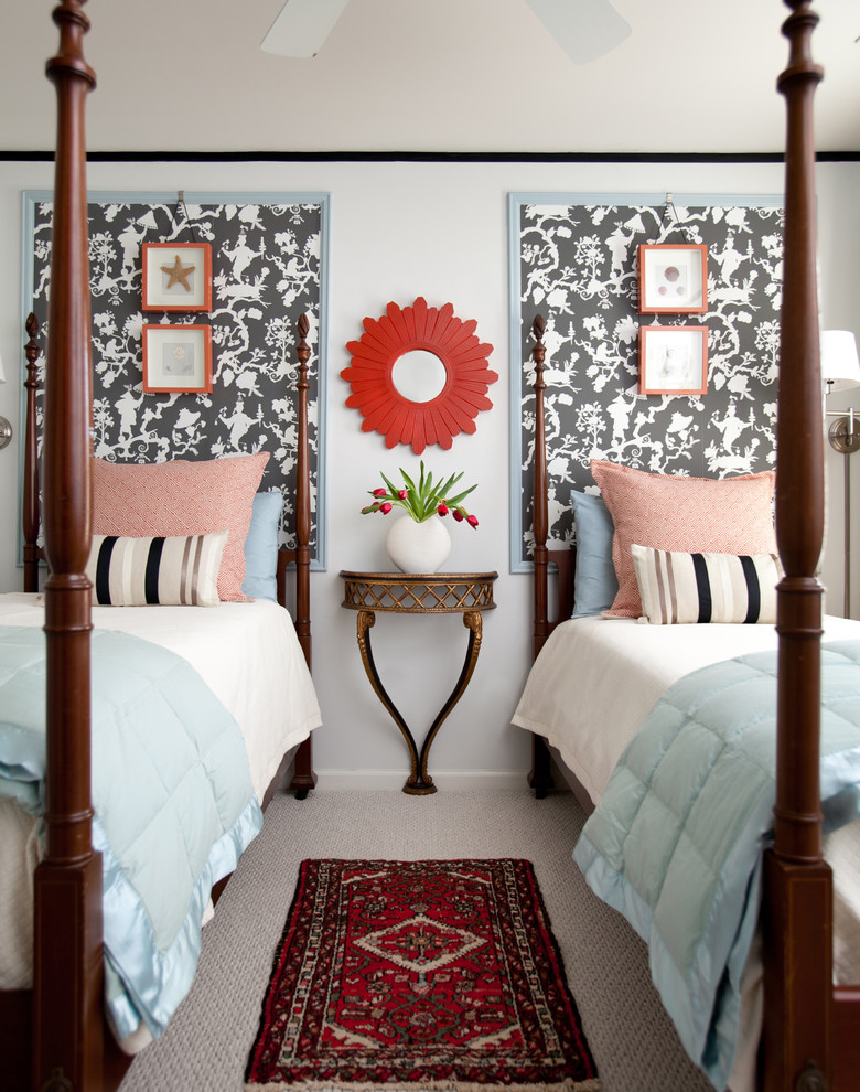 Bedroom - transitional guest carpeted bedroom idea in Atlanta with blue walls