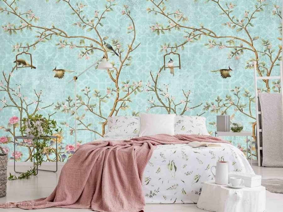 Bedroom - zen wallpaper bedroom idea in Toronto with blue walls