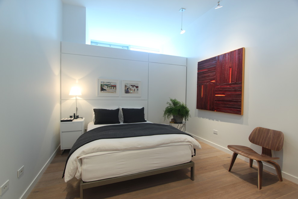 Inspiration for a medium sized contemporary master bedroom in Boston with white walls, light hardwood flooring and no fireplace.