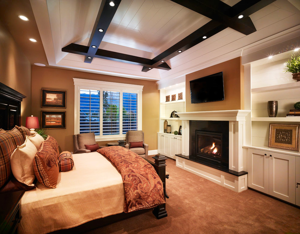 Large traditional master bedroom in Salt Lake City with brown walls, carpet, a standard fireplace, a stone fireplace surround and brown floors.