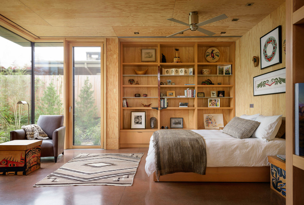 Contemporary master bedroom in Seattle with concrete flooring, brown walls, brown floors, a wood ceiling and wood walls.