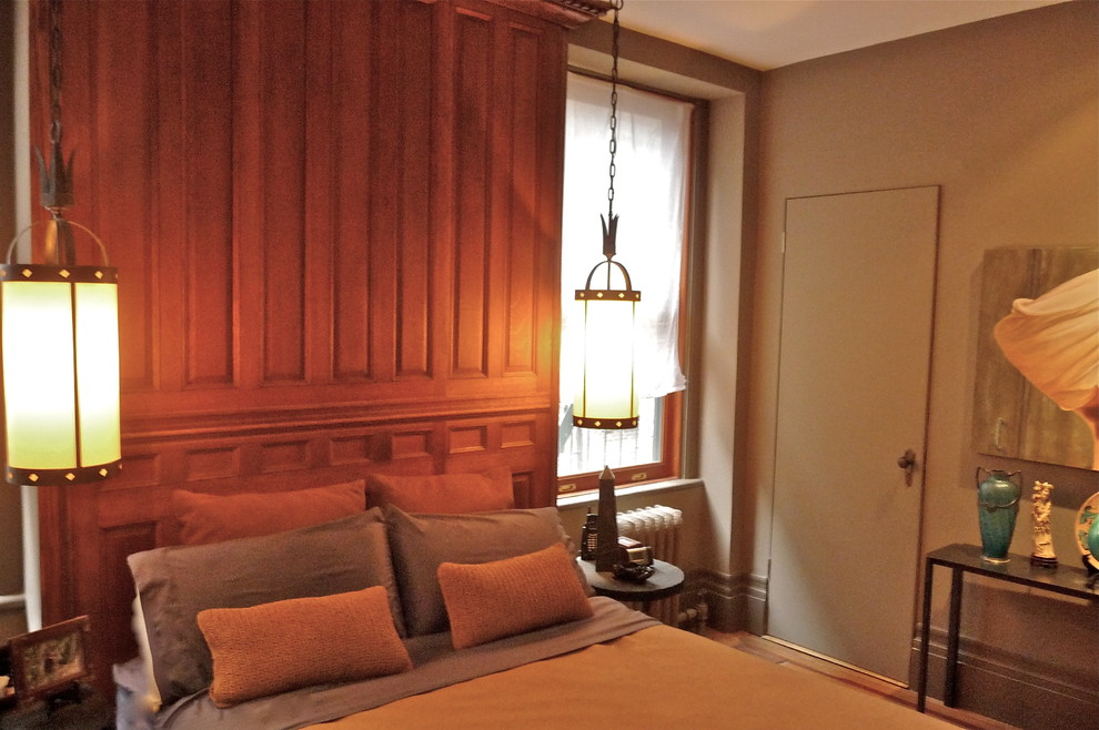 Идея дизайна: хозяйская спальня среднего размера в современном стиле с серыми стенами