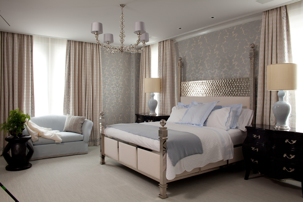 Example of a trendy carpeted bedroom design in New York with gray walls