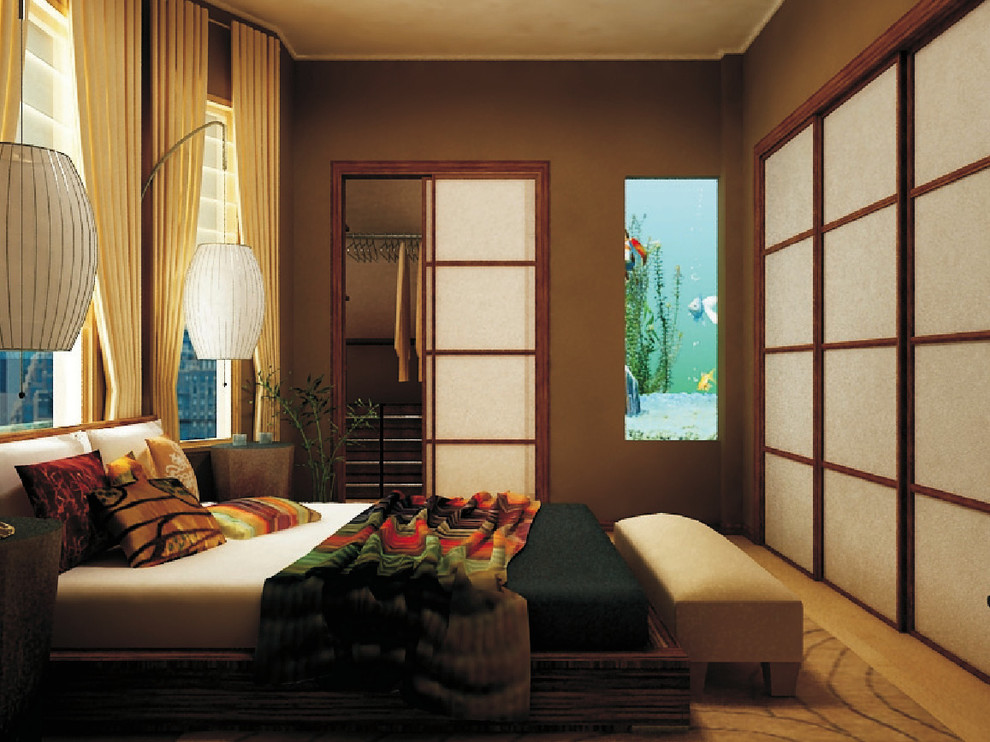 На фото: спальня в восточном стиле с коричневыми стенами с