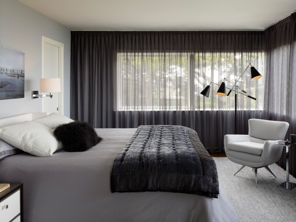 サンフランシスコにあるコンテンポラリースタイルのおしゃれな寝室 (グレーの壁、カーペット敷き、シアーカーテン) のレイアウト