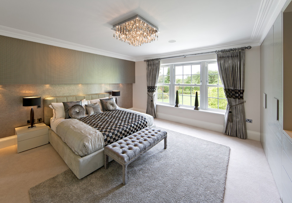 Photo of a contemporary grey and cream and grey and silver bedroom in London.