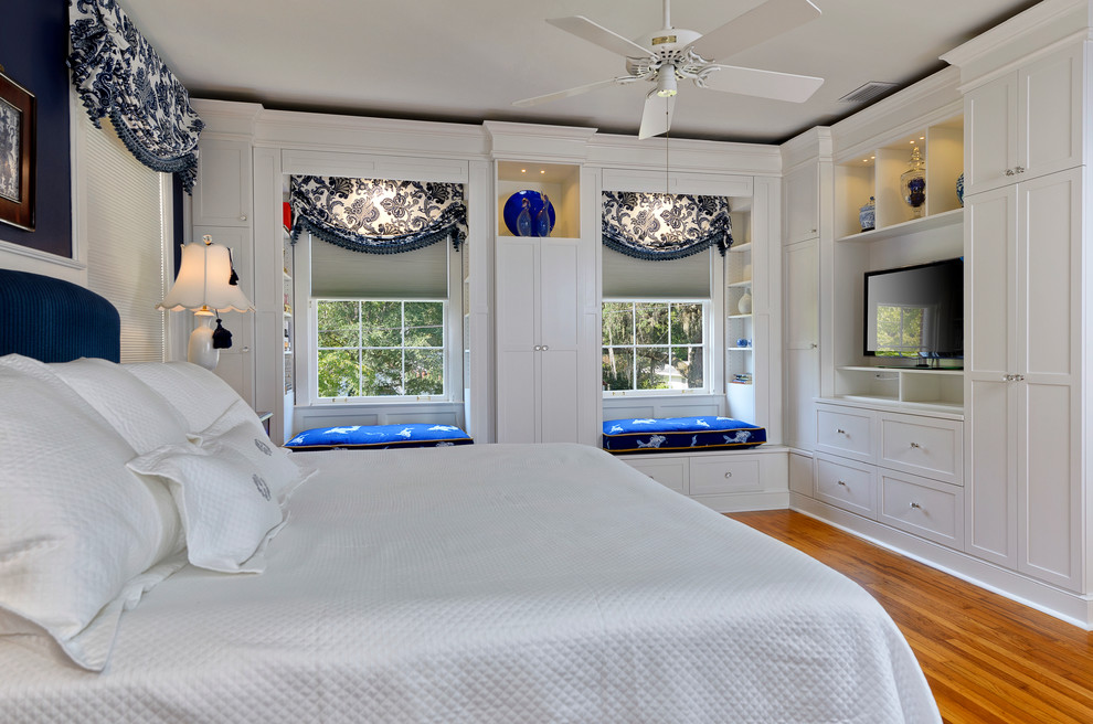 Traditional bedroom in Miami with medium hardwood flooring.