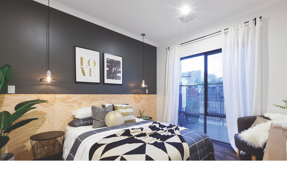На фото: хозяйская спальня среднего размера в скандинавском стиле с белыми стенами, ковровым покрытием и серым полом