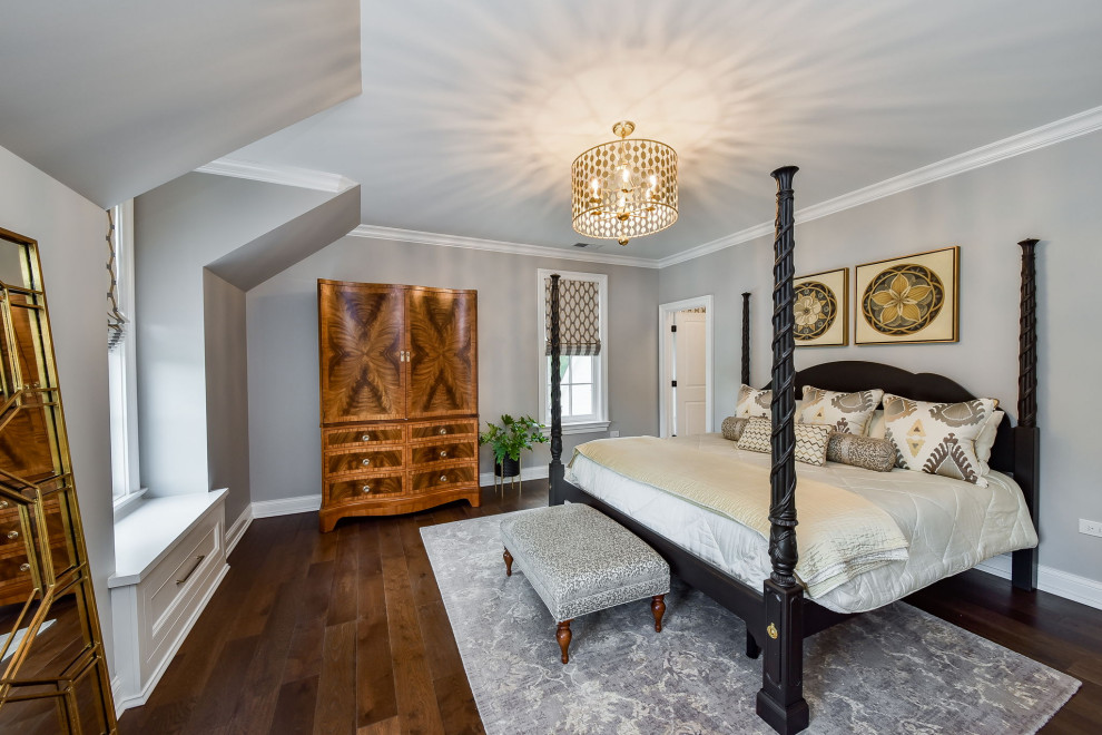 Medium sized classic guest bedroom in Chicago with dark hardwood flooring, no fireplace, grey walls and brown floors.