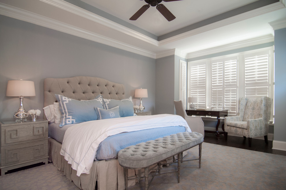 Bedroom - large transitional master dark wood floor bedroom idea in Charlotte with gray walls and no fireplace