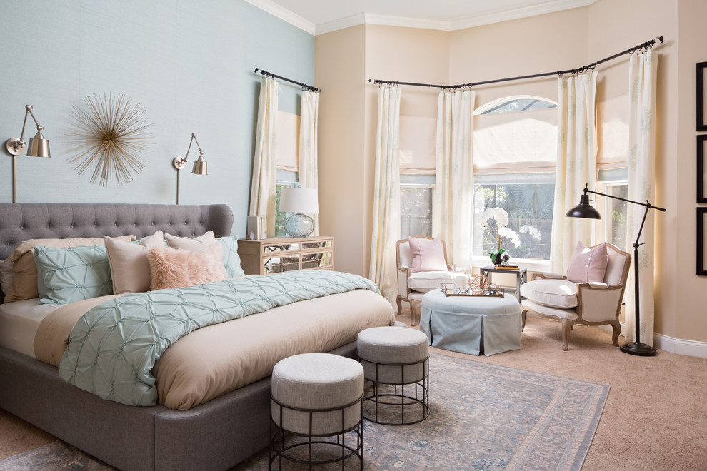 Transitional master carpeted and brown floor bedroom photo in Orlando with blue walls