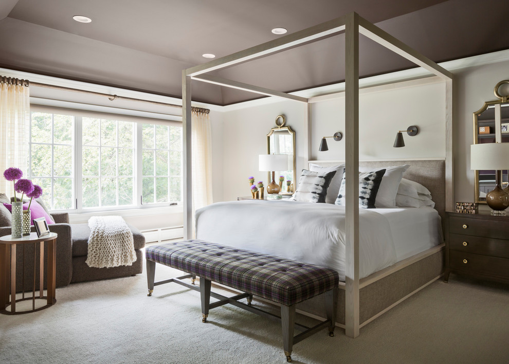 Imagen de dormitorio tropical con paredes blancas, moqueta y suelo gris