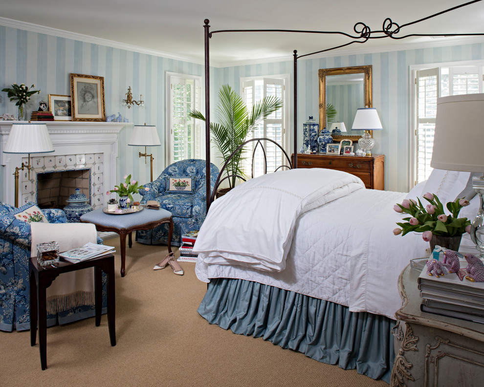 Example of a large country master carpeted bedroom design in Philadelphia with blue walls and no fireplace