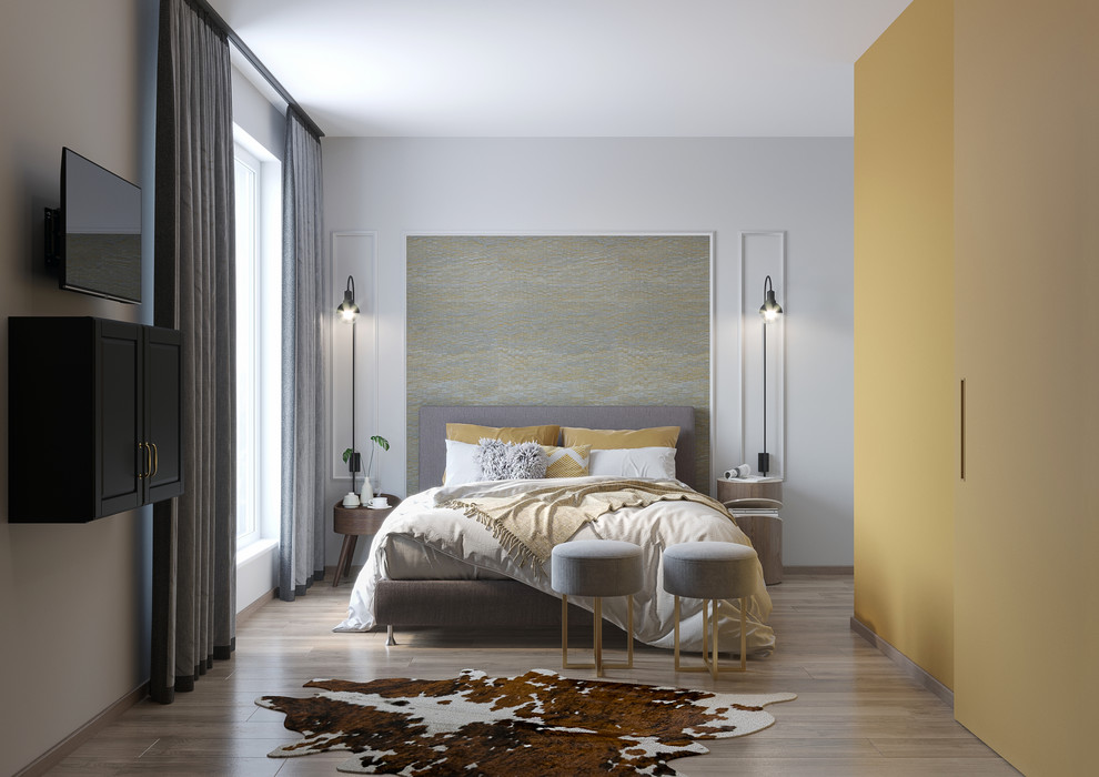 Ispirazione per una camera matrimoniale minimalista di medie dimensioni con pareti grigie, pavimento in laminato e pavimento marrone