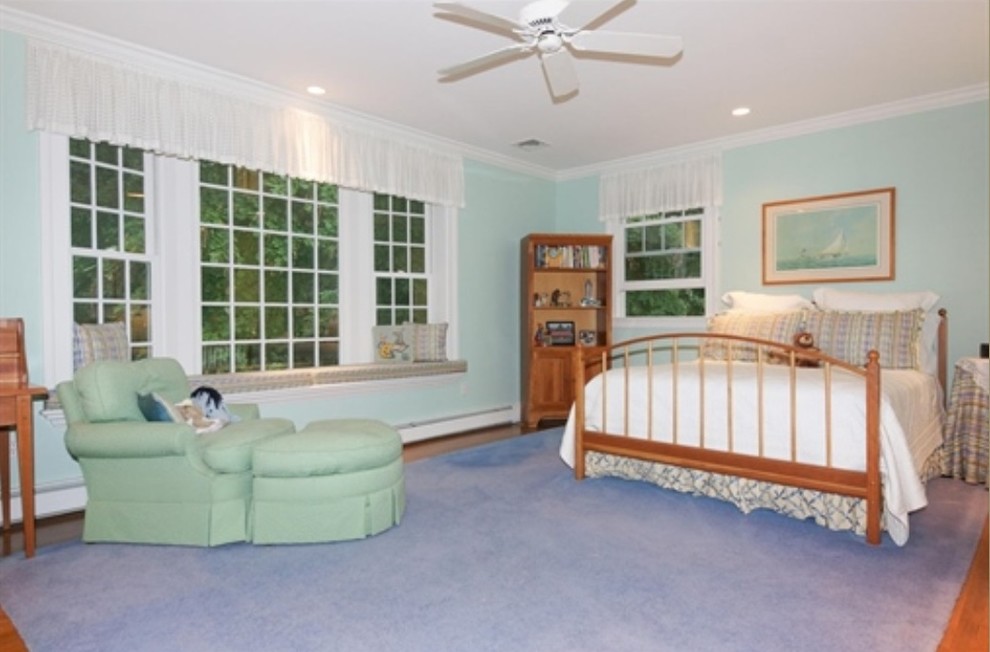 ボストンにある広いトラディショナルスタイルのおしゃれな寝室 (青い壁、無垢フローリング、暖炉なし)