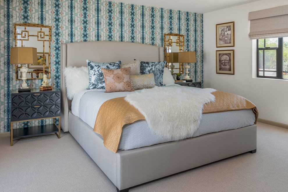 Design ideas for a classic bedroom in Phoenix with white walls, carpet and grey floors.