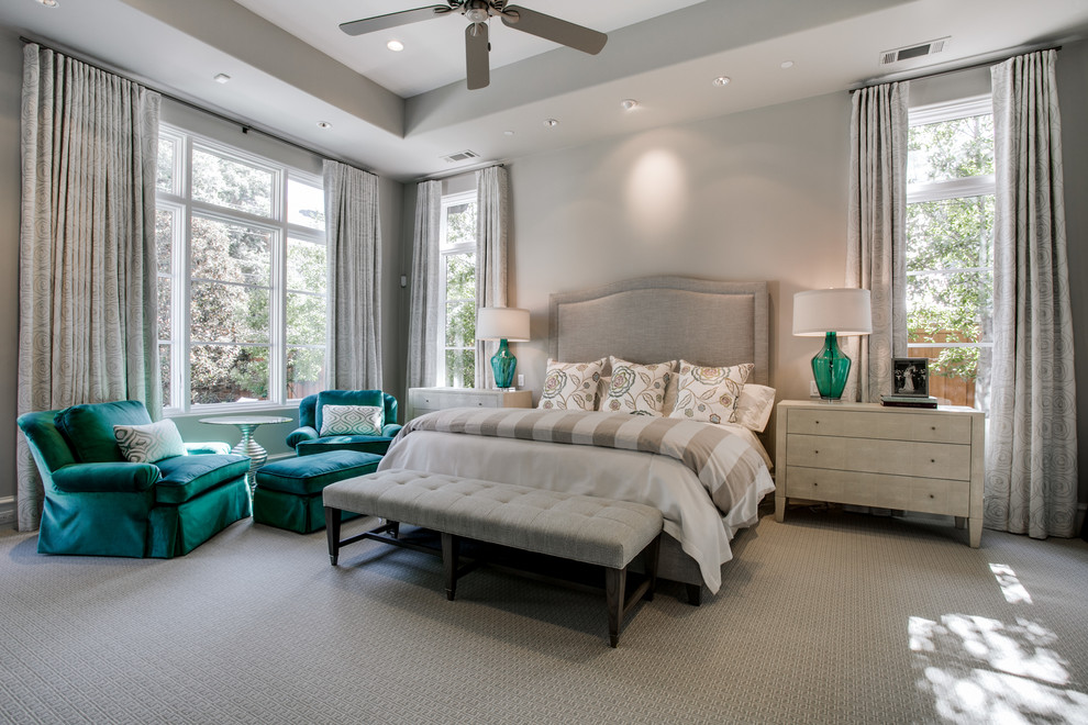 Example of a large transitional master carpeted and gray floor bedroom design in Dallas with gray walls and no fireplace