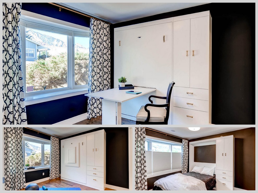 Стильный дизайн: маленькая гостевая спальня (комната для гостей) в современном стиле с черными стенами и паркетным полом среднего тона без камина для на участке и в саду - последний тренд