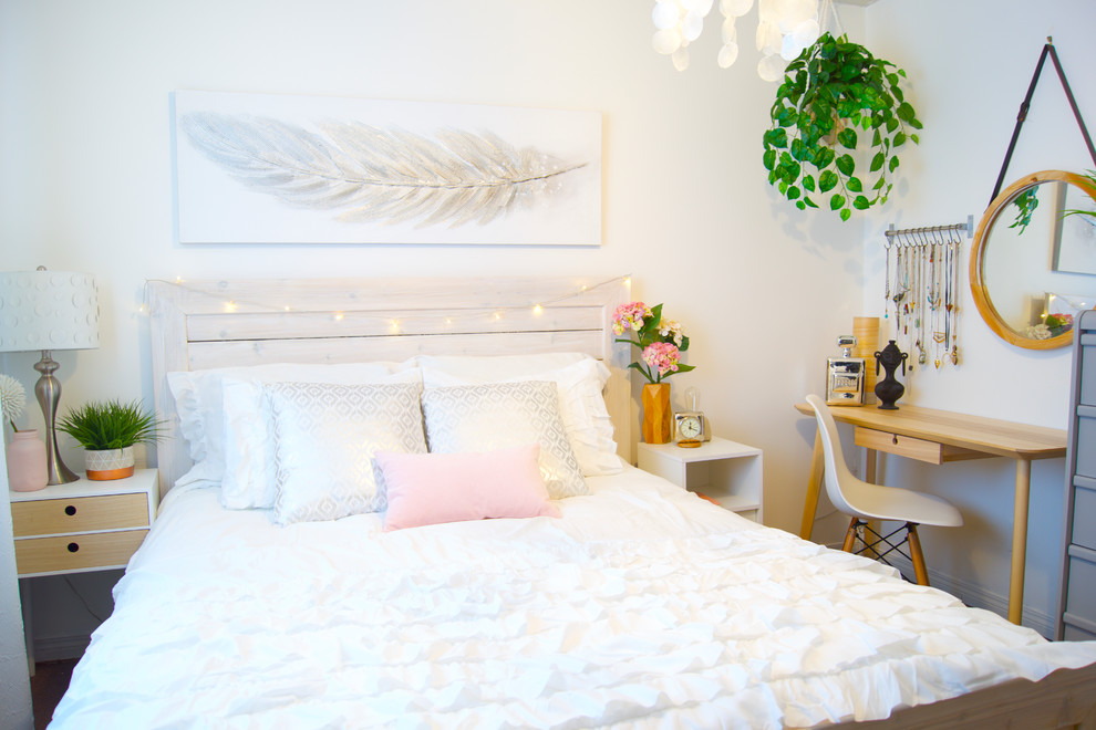 Inspiration for a small scandinavian master and grey and pink bedroom in Edmonton with white walls and carpet.